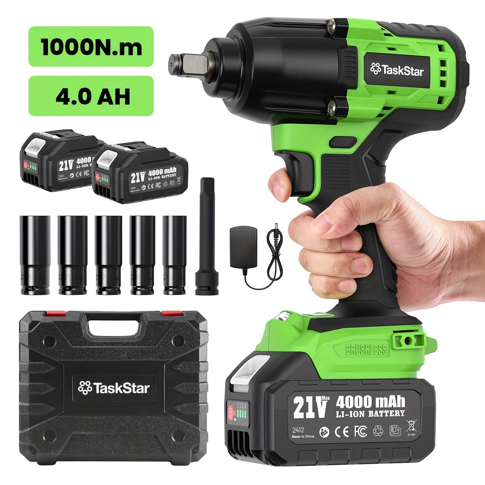 TaskStar 1000N.m Cordless Impact Wrench 1/2" 738ft-lbs 2*4.0Ah Li-ion Battery
