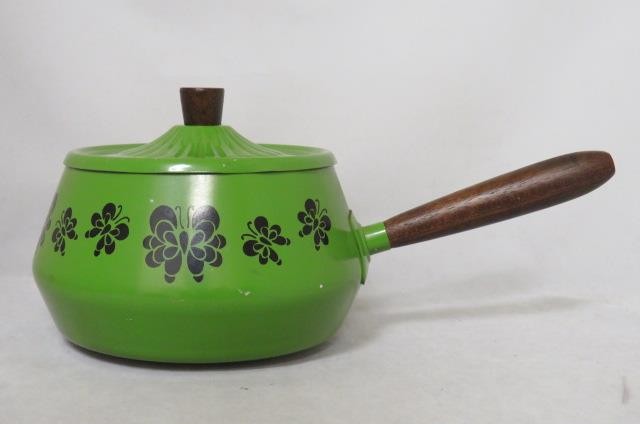 Vintage 1960's MCM HiMark Enamel FONDUE POT Avocado Green w/Flowers (VG)