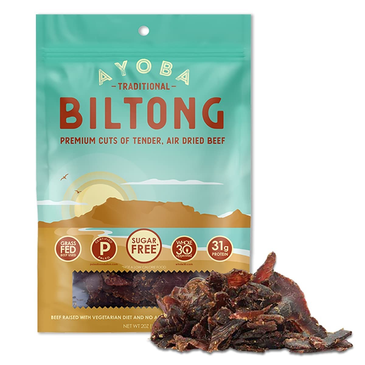 Ayoba Grass-Fed Beef Biltong Slices, 2 oz, Keto, Paleo, Sugar-Free EXP - 6/26/26