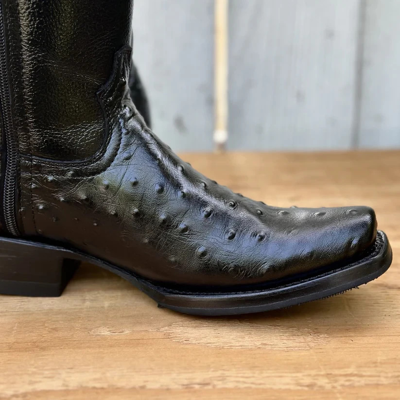 Genuine Leather Exotic Ostrich Print Dubai Ankle Western Boots with Zipper-Black