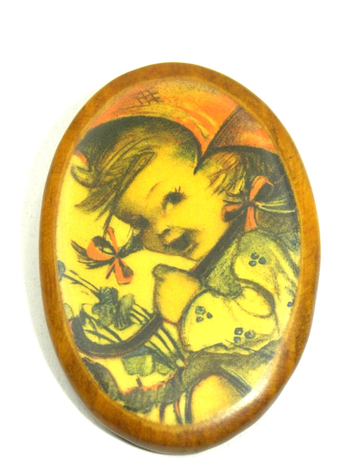 Vintage Hummel Image Wood Brooch Laminate Girl Umbrella Oval Art Pin