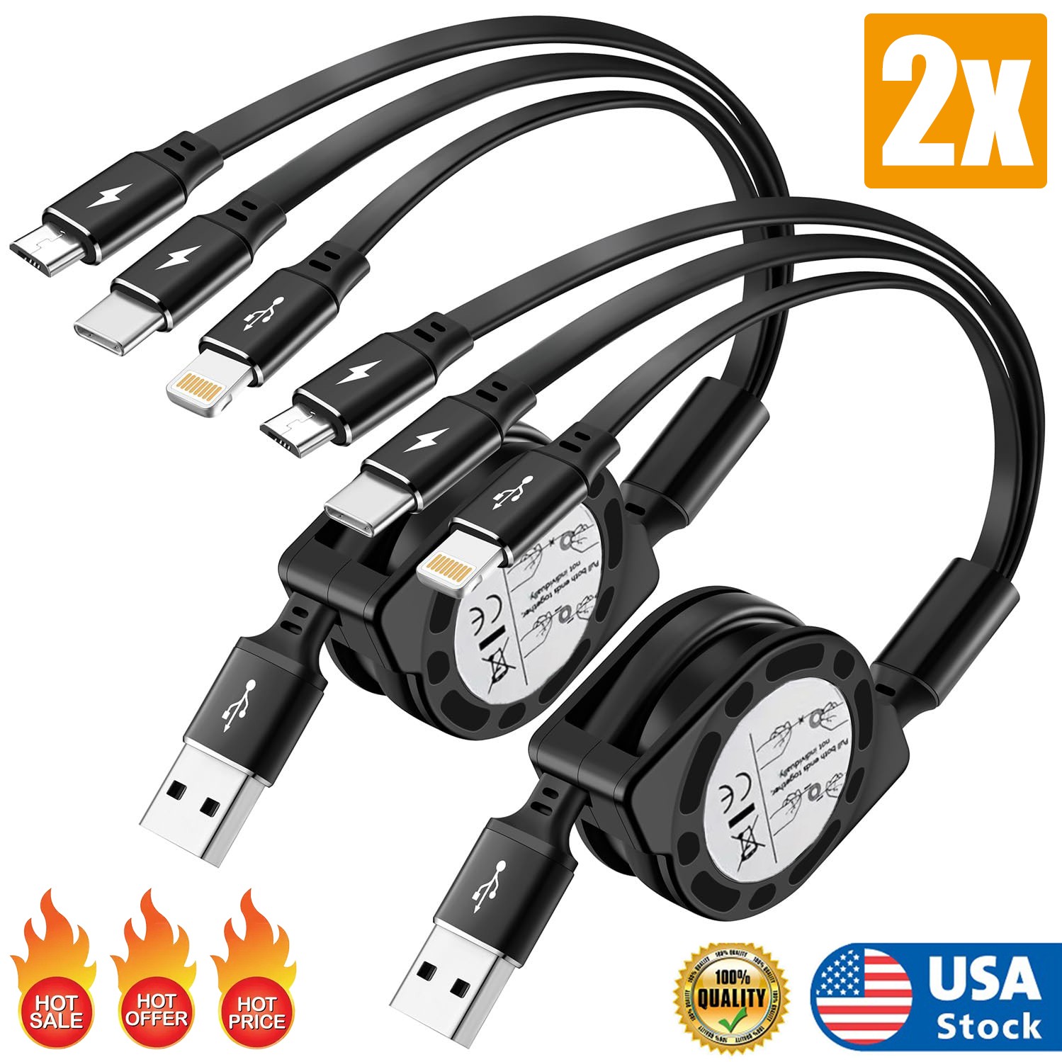 3 in 1 Retractable Multi Charging Cable, 2Pack Multi Fast Charging Cord Retracta