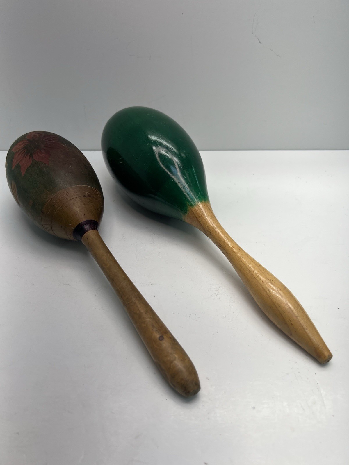 Vintage Original Hand Painted 11” Wooden Maracas Lot Of 2