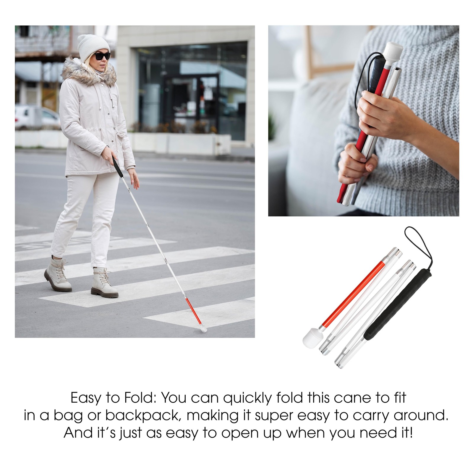Blind Cane Stick - Mobility Reflective Red-White Foldable Red, White, Black