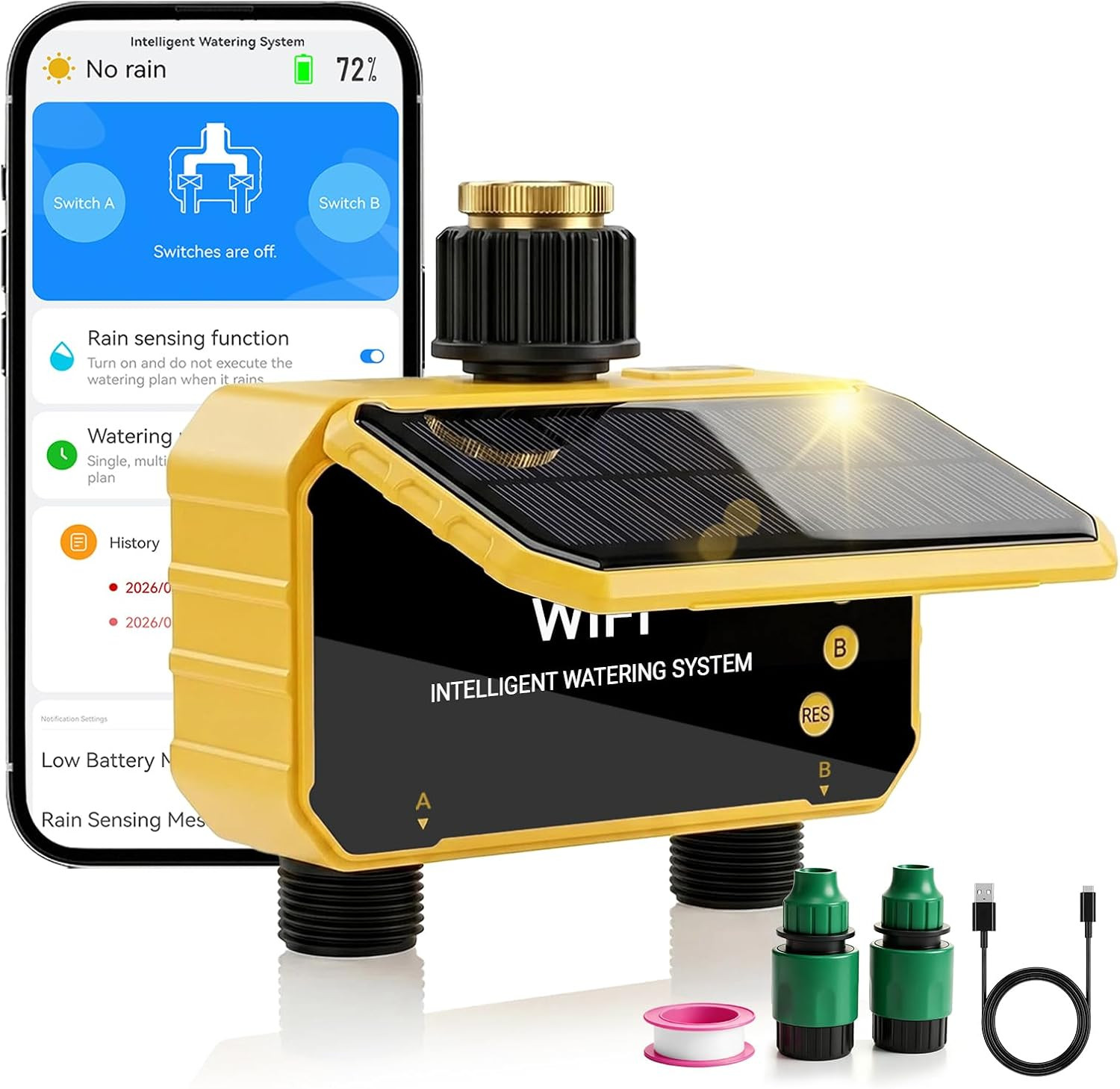 Sprinkler Timer, Solar Wifi Water Timer for Garden Hose, 2 Zone Water Sprinkler