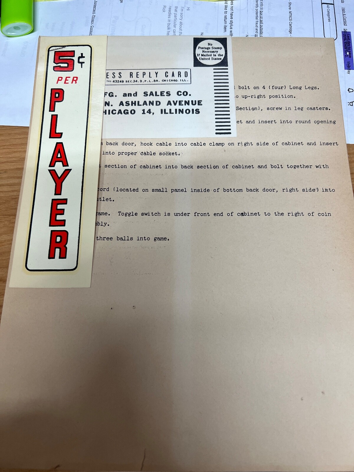 Genco: Skill Ball Bowler - Schematics, Instructions & Original Sticker - NOS