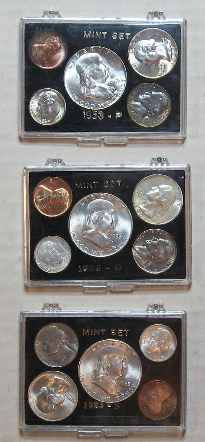 1953 P-D-S UNITED STATES 15 COIN BU MINT SET WITH NINE SILVER COINS / IN HOLDERS