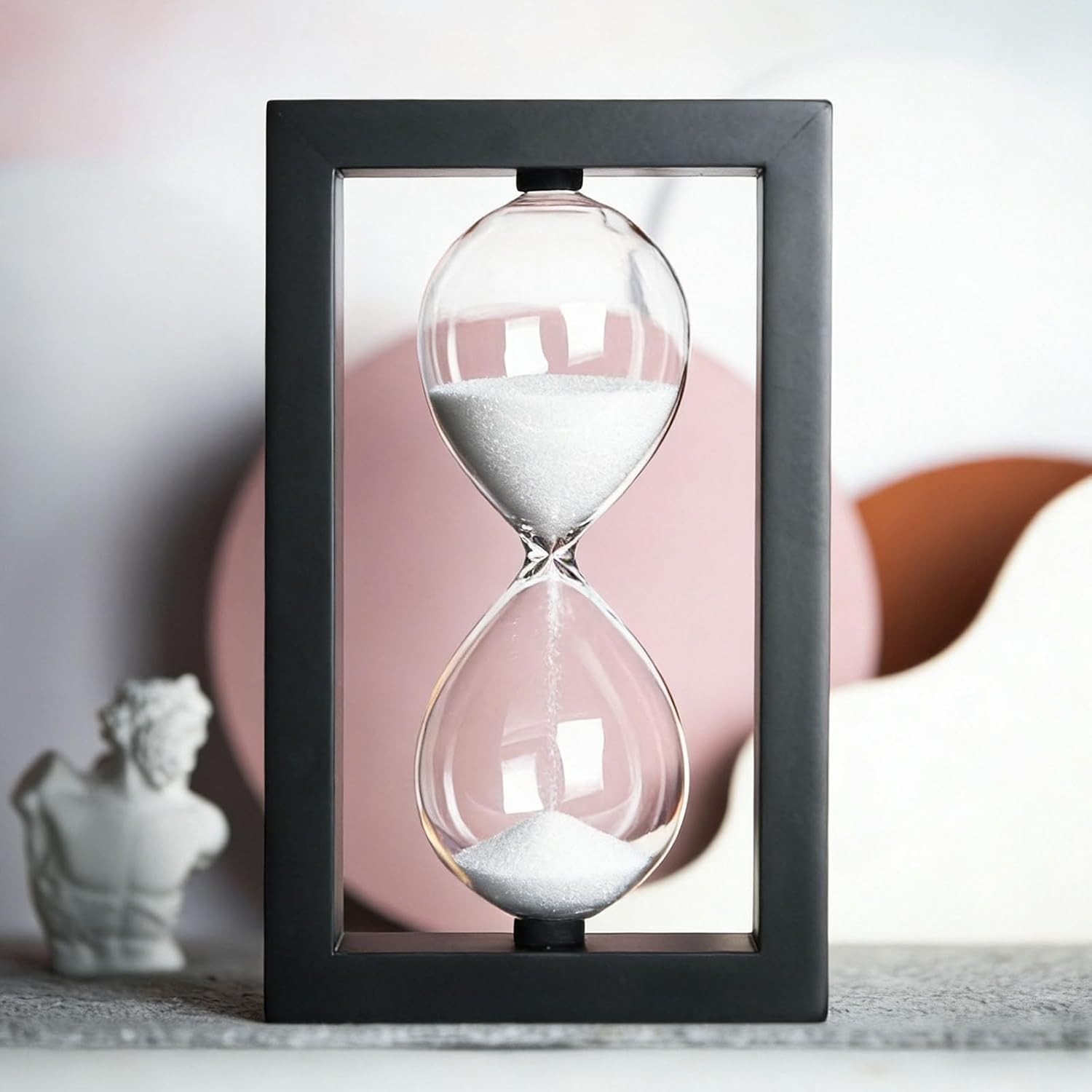 Hourglass 60 Minute Decorative Sand Timer, Black Wooden Frame White Sand Clock