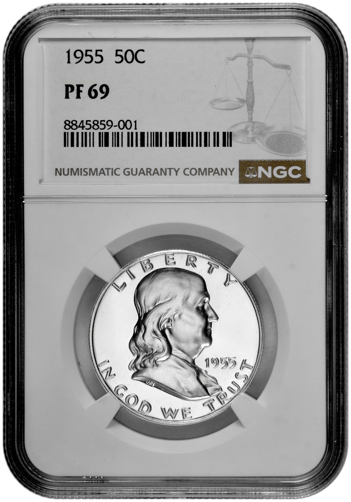 1955 50C Proof Silver Franklin Half Dollar NGC Graded PF 69 White Coin