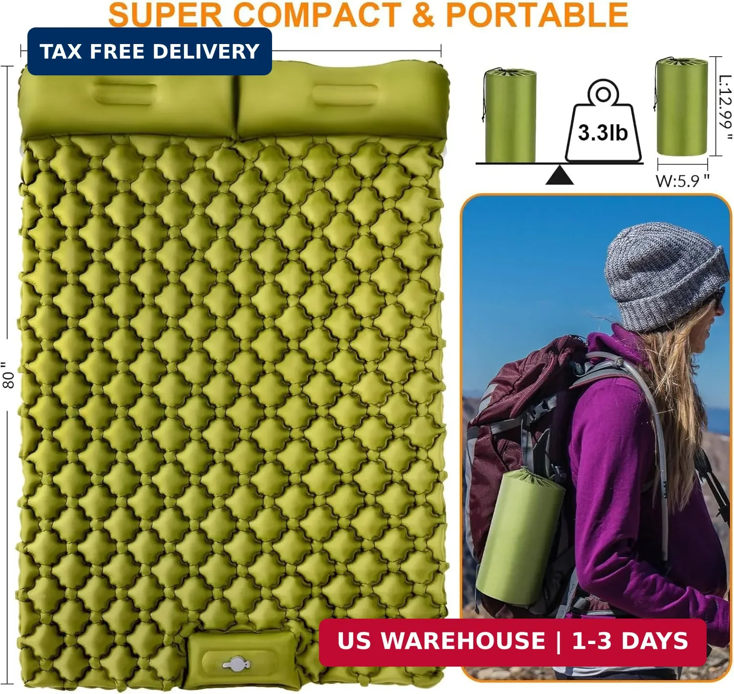 Double Sleeping Pad, Ultralight 4" Extra-Thick Self Inflating Sleeping Mat for 2