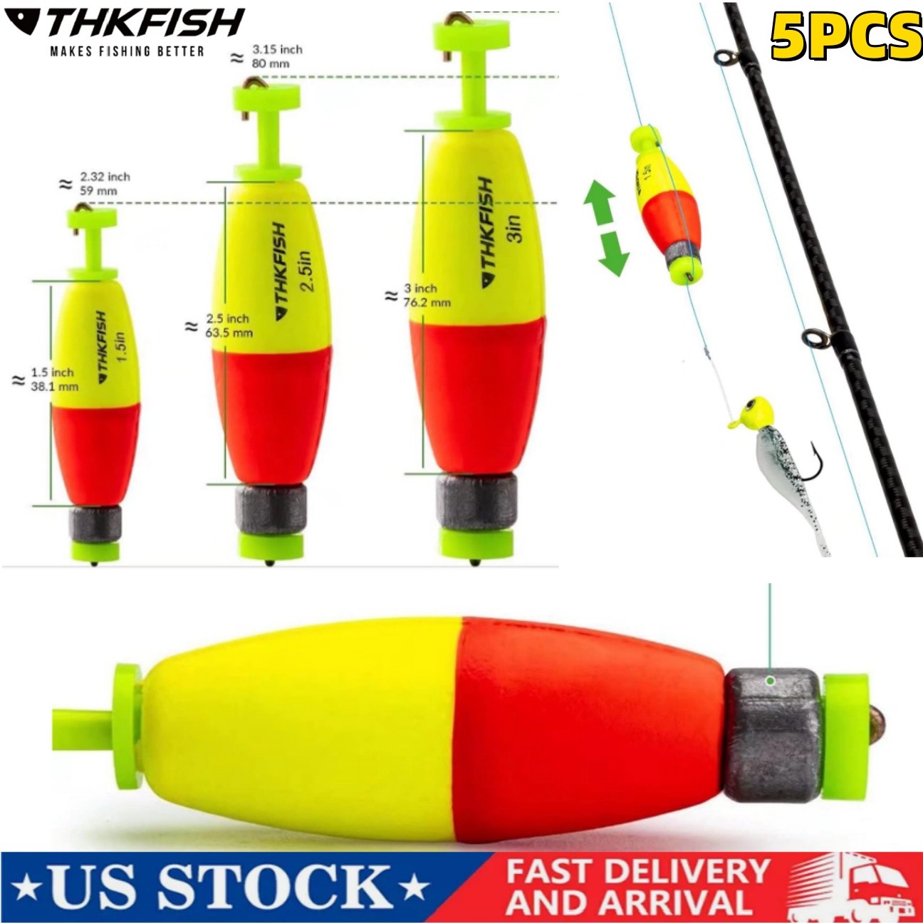 5PCS Fishing Bobbers EVA Foam Round Floats Red/Green Snap-On Fishing Floats US