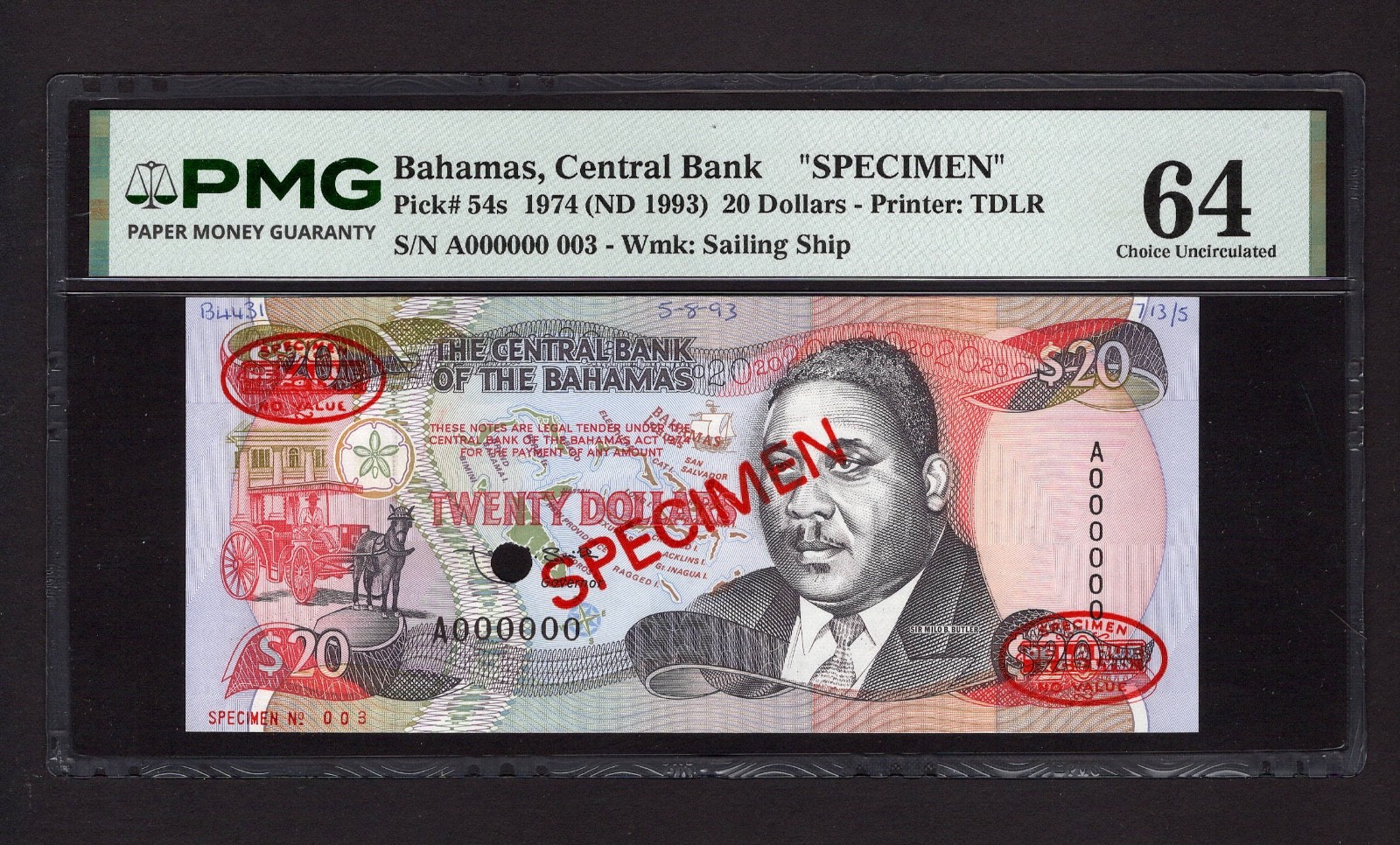 Bahamas 20 Dollars 1974(ND 1993) P54s "Specimen N003" UNC Grade 64 Top Pop