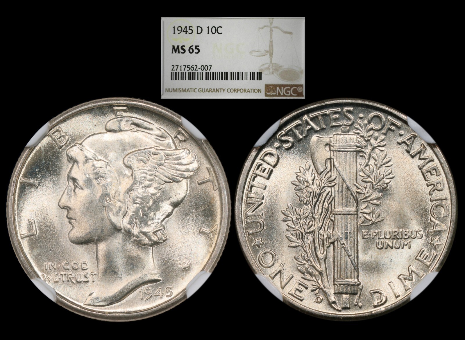 1945-D Mercury Dime graded NGC MS65....Pretty Gem!