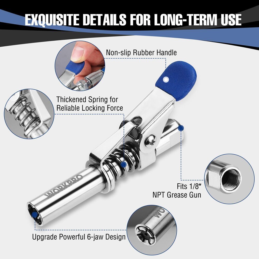 WORKPRO 3PCS Grease Gun Coupler Set Quick Release Needle Tip 12" Grease Gun Hose