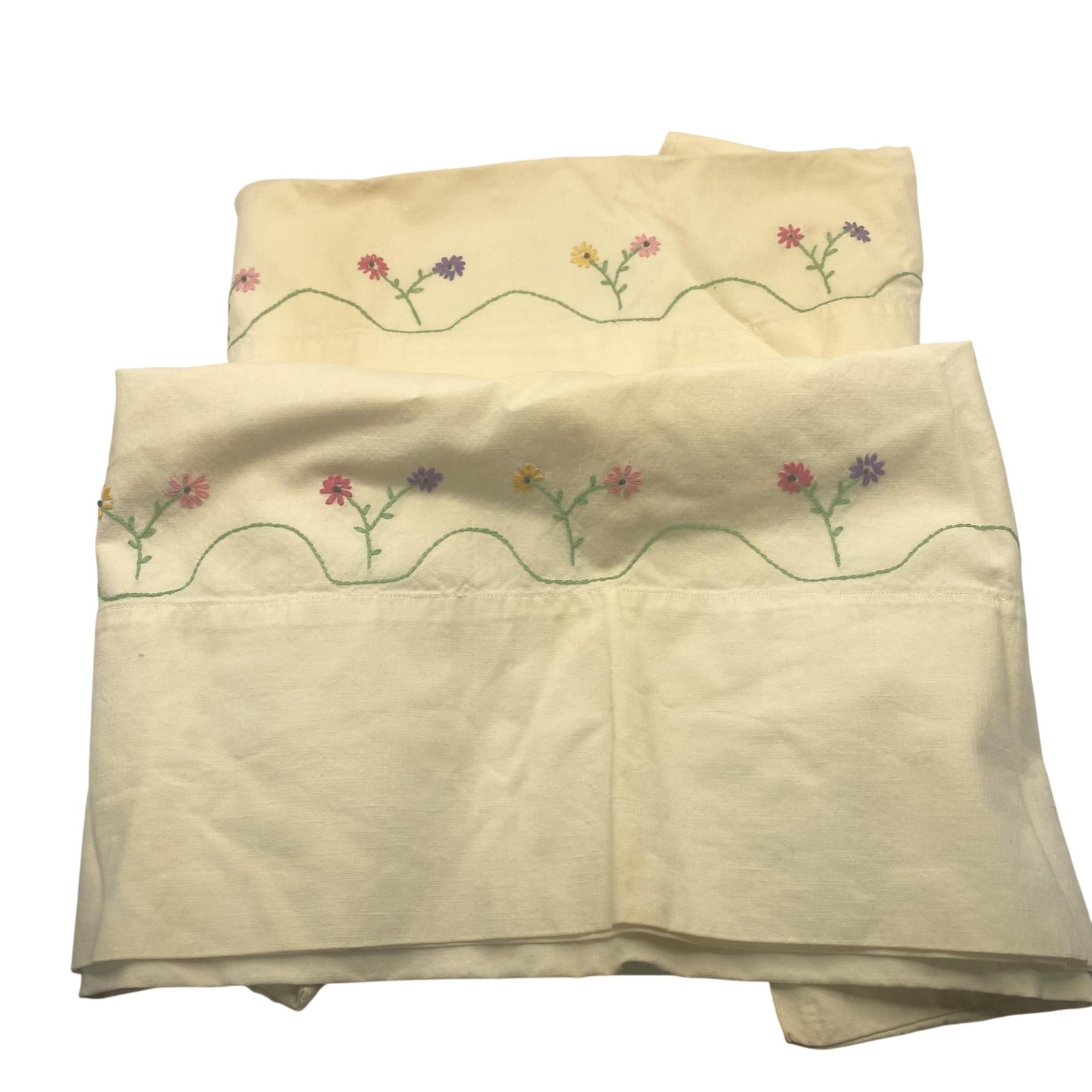Vintage Cotton Pillowcases Set Of 2 Beige Floral Embroidered Standard 20x26