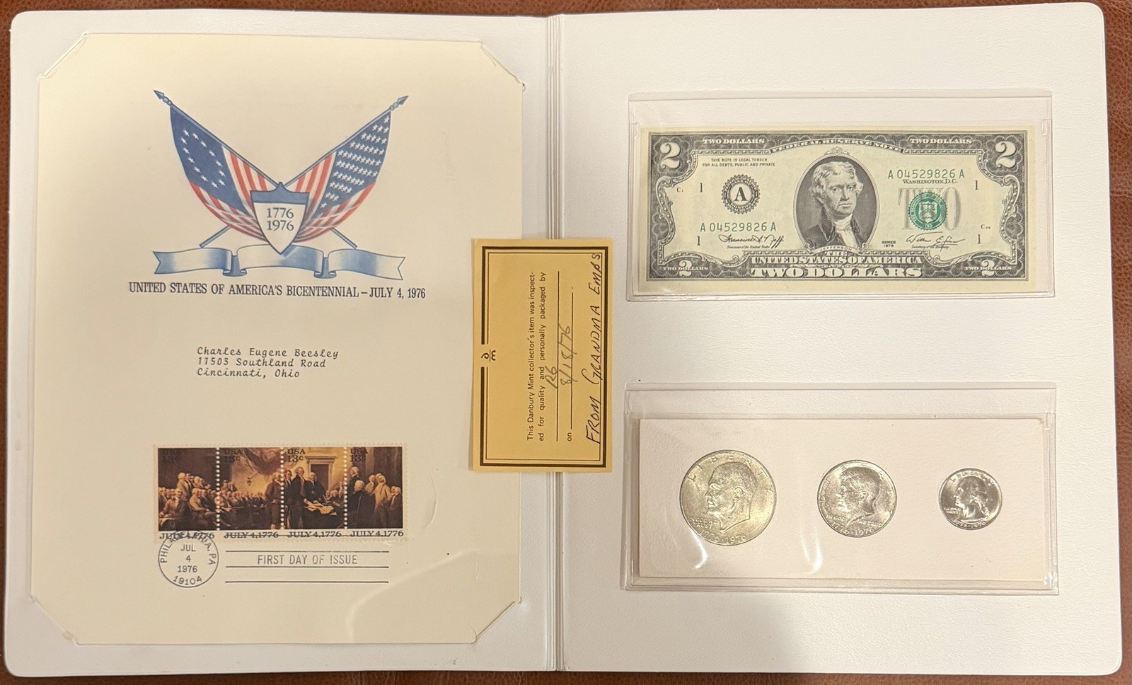 1976 Danbury Mint Bicentennial Stamps, Coins, and $2 Bill Set In Original Folder