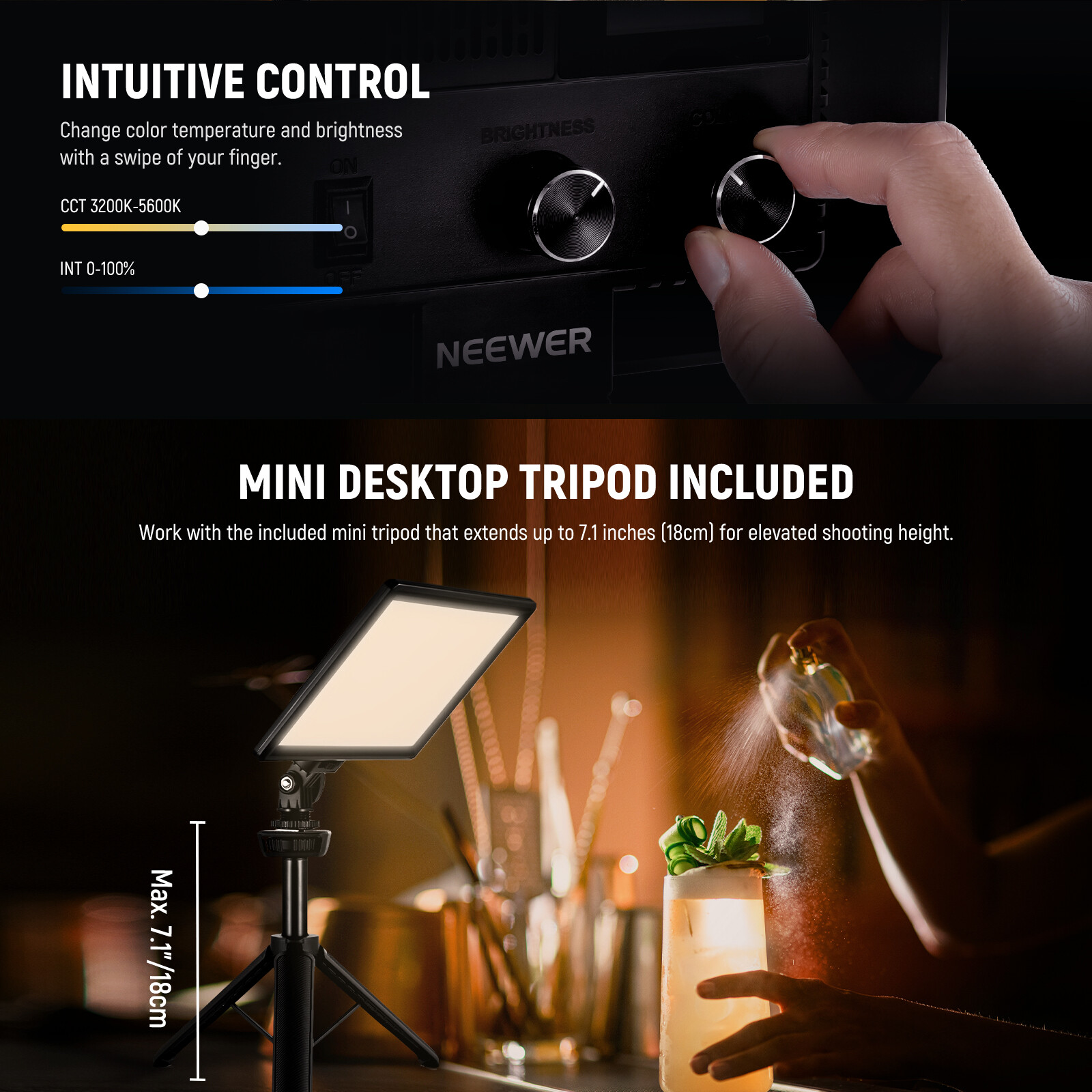 NEEWER 9" LED Video Light, 3200K-5600K CRI95+, w/Tripod & USB-C, NL-116AID