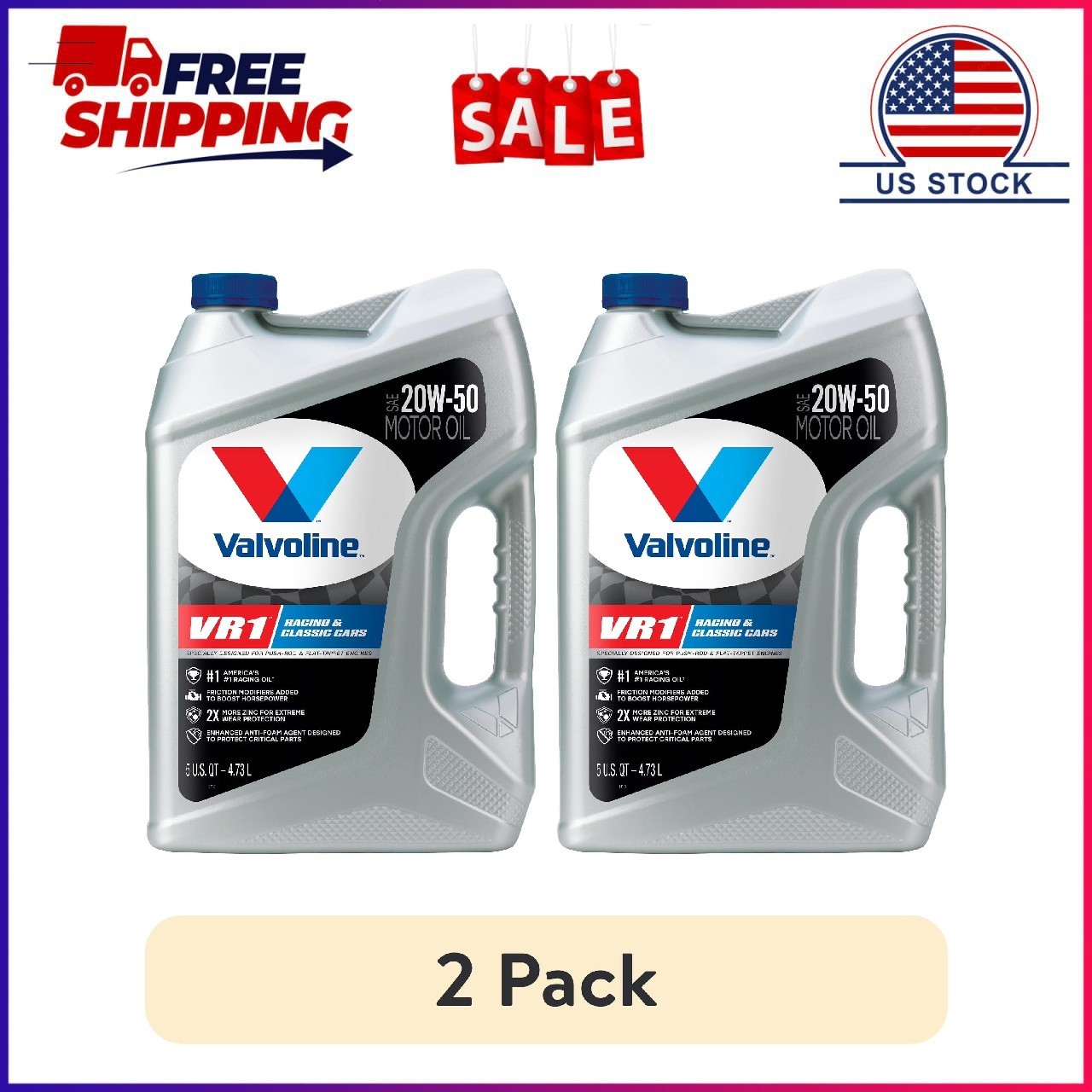 (2 pack) Valvoline VR1 Racing Motor Oil SAE 20W-50, 5QT