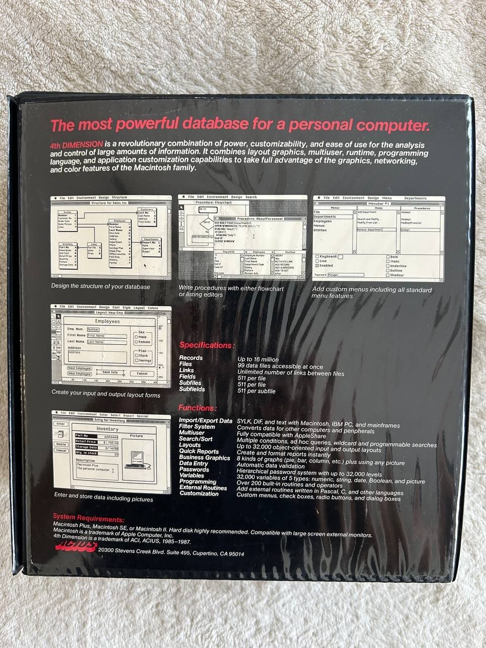 4th Dimension Apple Macintosh software. ACIUS Relational Database For Macintosh