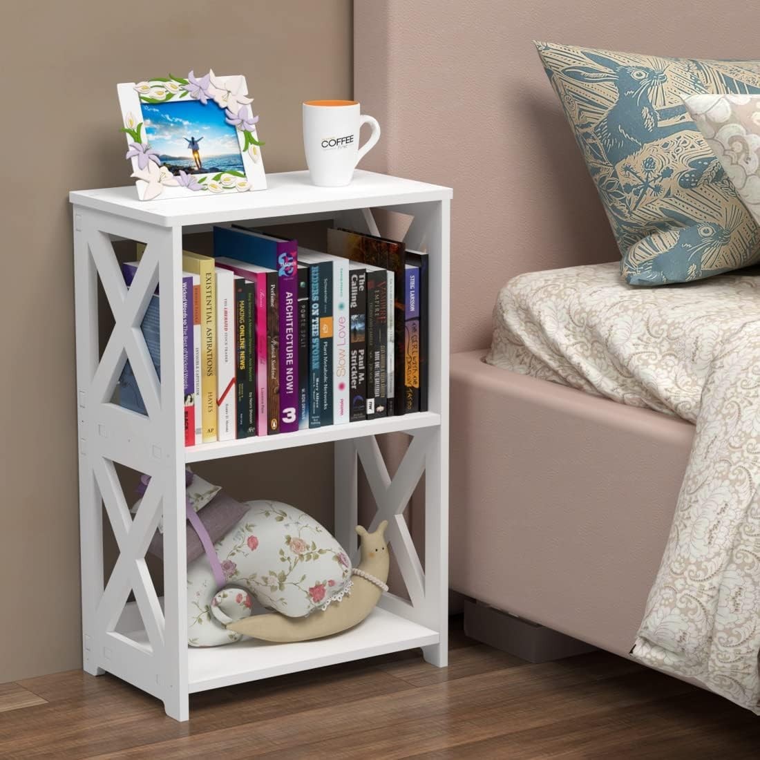 End Table 3 Tier 2 Shelf Small Bookshelf Bookcase Display Rack for Home White