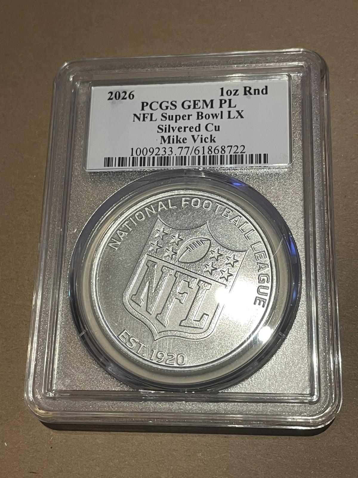 2026 NFL signed Mike Vic 1oz silvered Copper Round PCGS Gem PL NFL SuperBowl LX