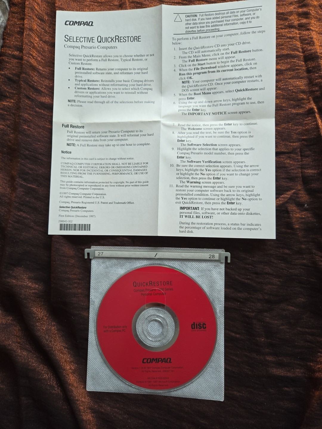 Genuine Compaq Quick RESTORE 1.0 @1997- Cd Only (Used)
