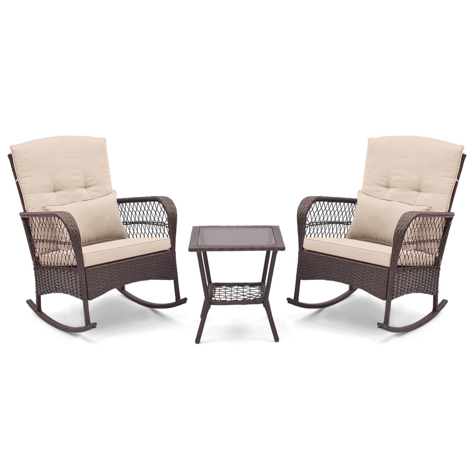 3 PCS Patio Rocker Set Outdoor Wicker Rocking Chairs w/Double-Layer Coffee Table