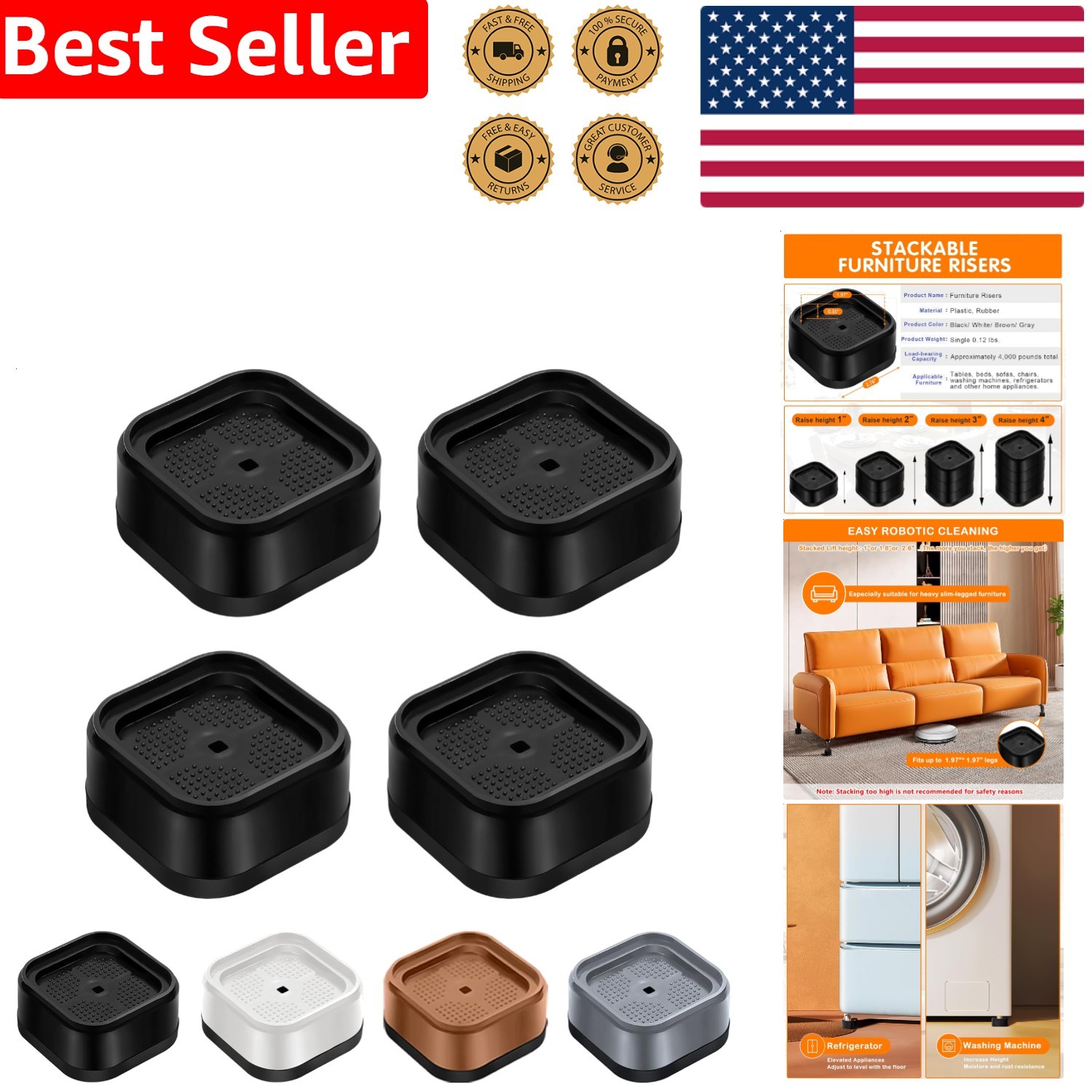4 Pack Furniture Risers Black Heavy Duty Adjustable Bed Lifts Stackable 1-3 Inch