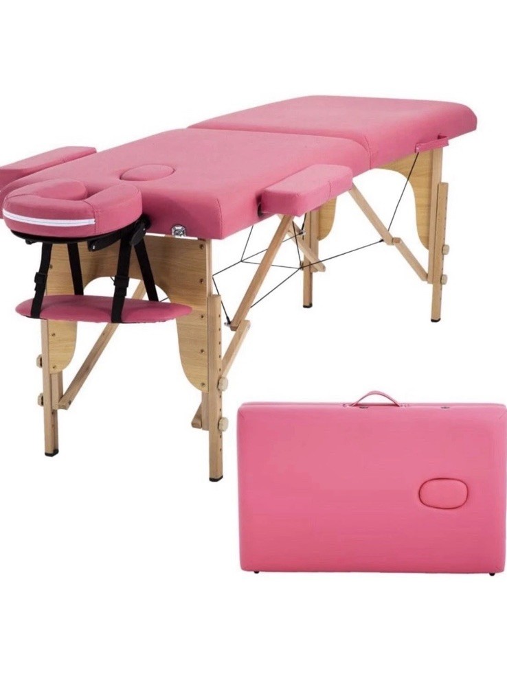 Pink Portable Foldable Massage Table Adjustable Height Wood Faux Leather 73x24in