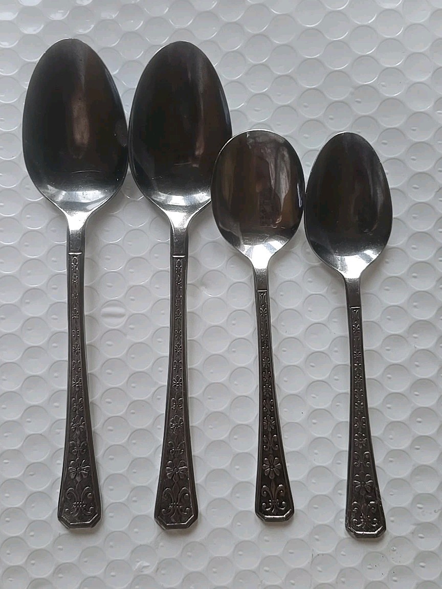 4 Florenz Interpur Japan Sugar Tea Soup Spoon Stainless 8 Petal Flower 7.25" Vtg