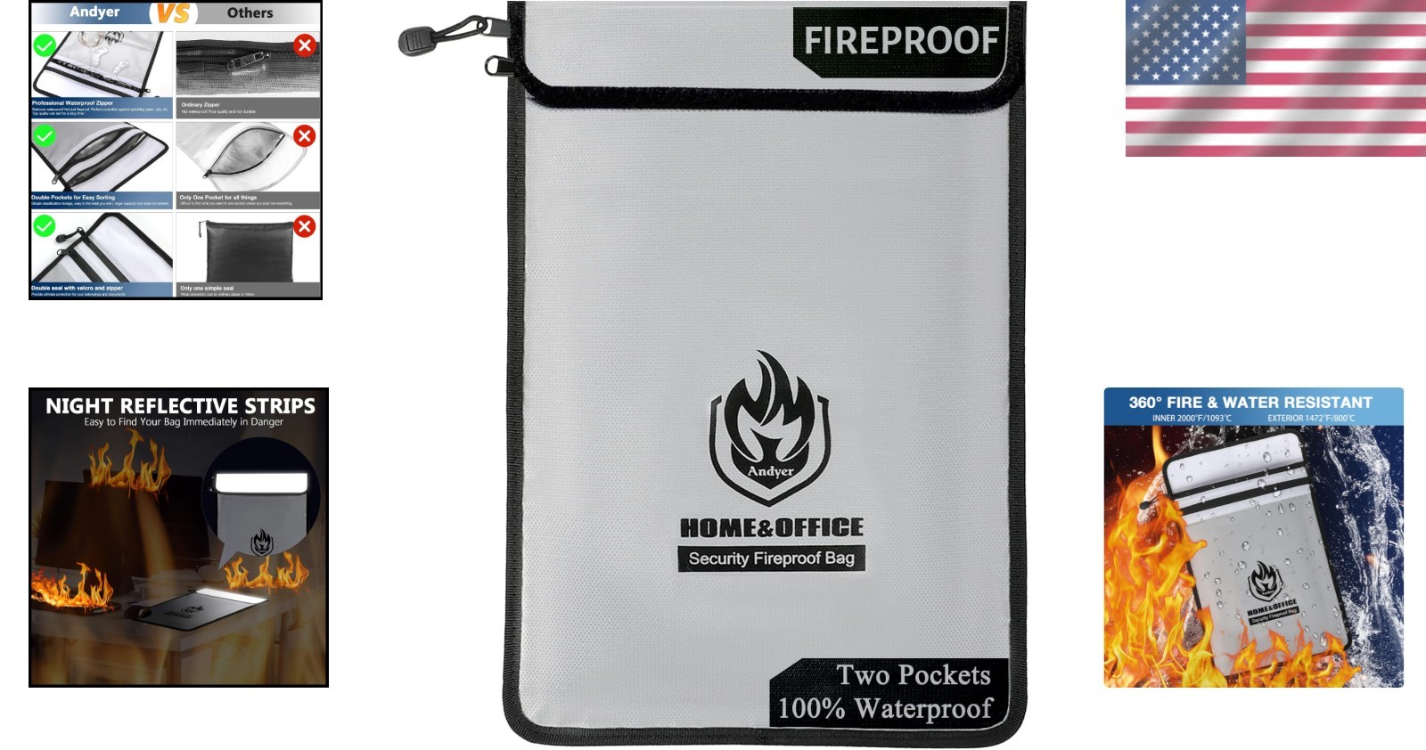 Large Capacity Fireproof Document Bag, Water Resistant, Grey