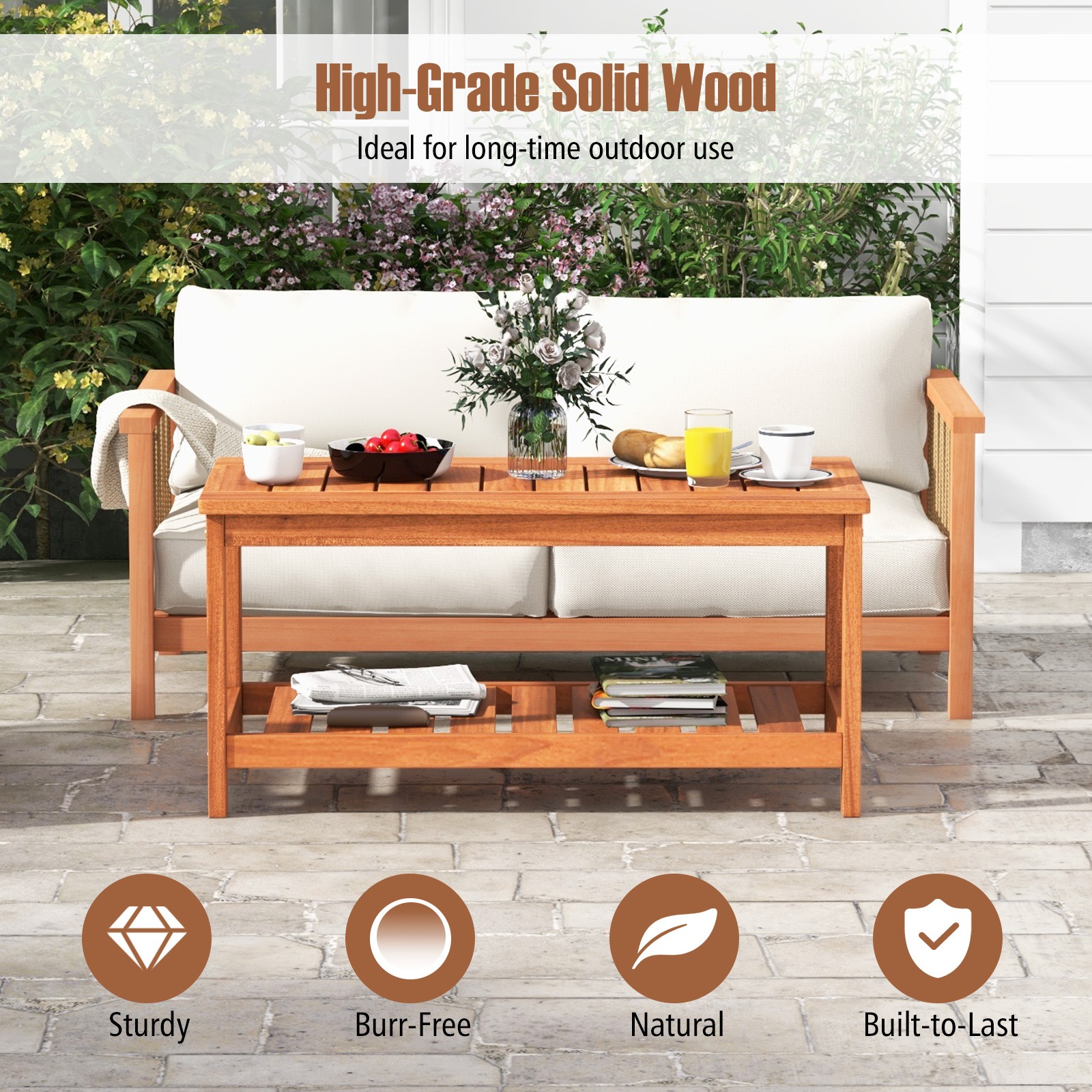 2-Tier Outdoor Side Rectangle Side Table Patio Coffee Table Solid Wood Porch