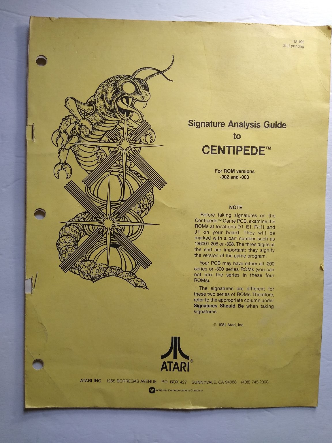 Atari Centipede Signature Analysis Guide Manual TM-192 1981 ROM .002 .003