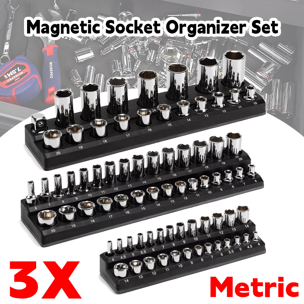 Magnetic Socket Organizer Set 3PCS Socket Holder 1/4" 3/8" & 1/2" Drive Black