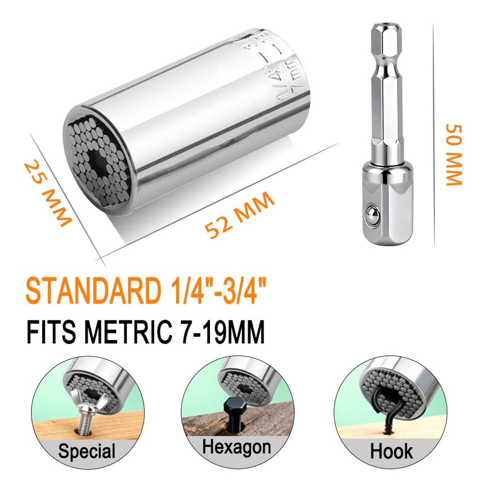 Universal Socket, 7-19mm Self-Adjusting Socket ，with Power Drill Adapters, Fits