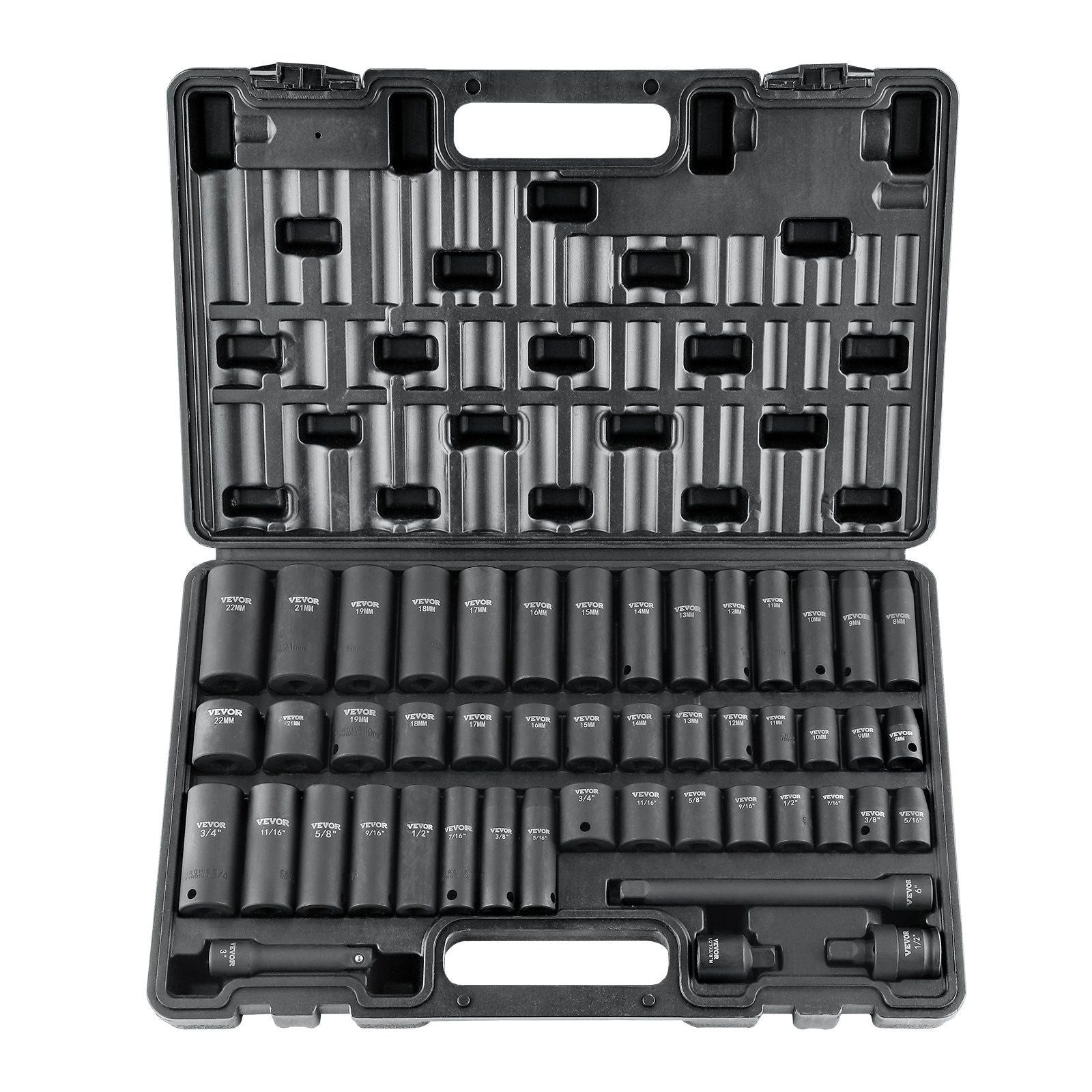 3/8" Drive Impact Socket Set, 48 Piece Socket Set SAE (5/16" -3/4") & Metric
