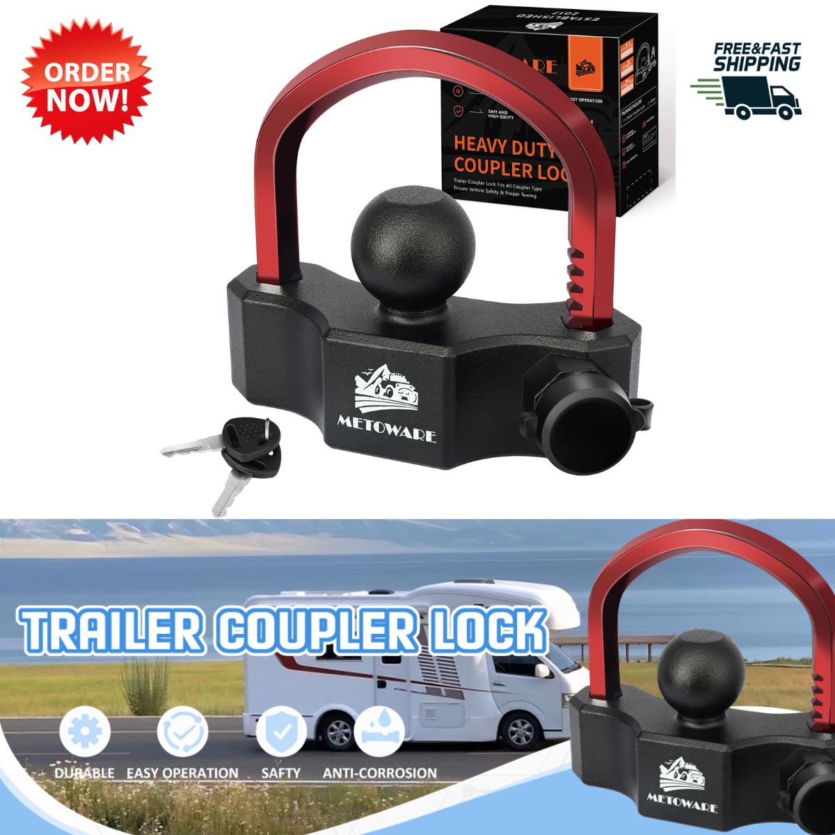 Universal Trailer Hitch Lock Heavy-Duty Coupler Ball Lock 1-7/8" 2" 2-5/16" 2Key