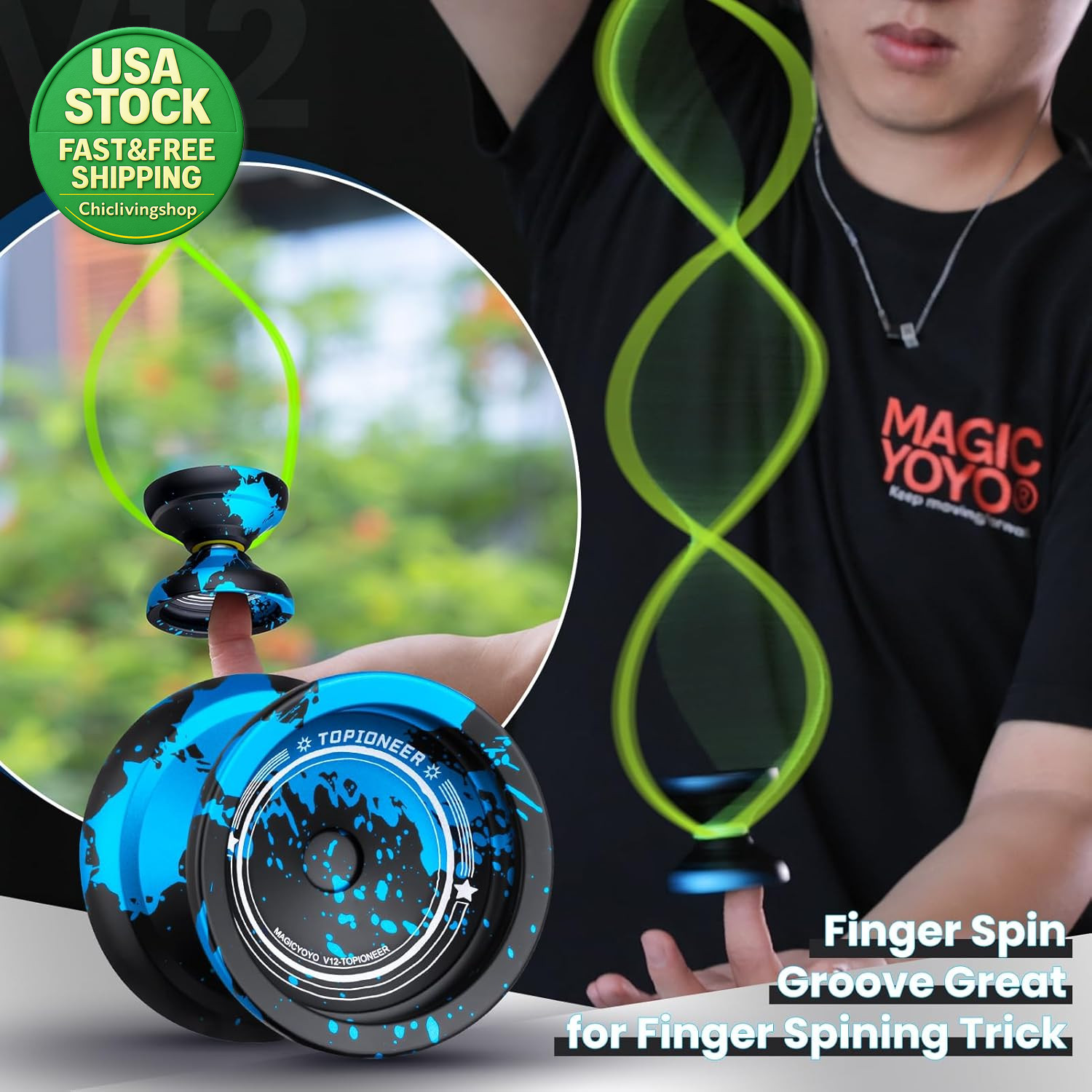 V12 Finger Spin Yoyo Professional Responsive Unresponsive Black Blue