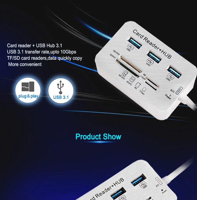 3 Port USB 2.0 Hub MS SD M2 TF Multi-In-1 Memory Card Reader Adapter