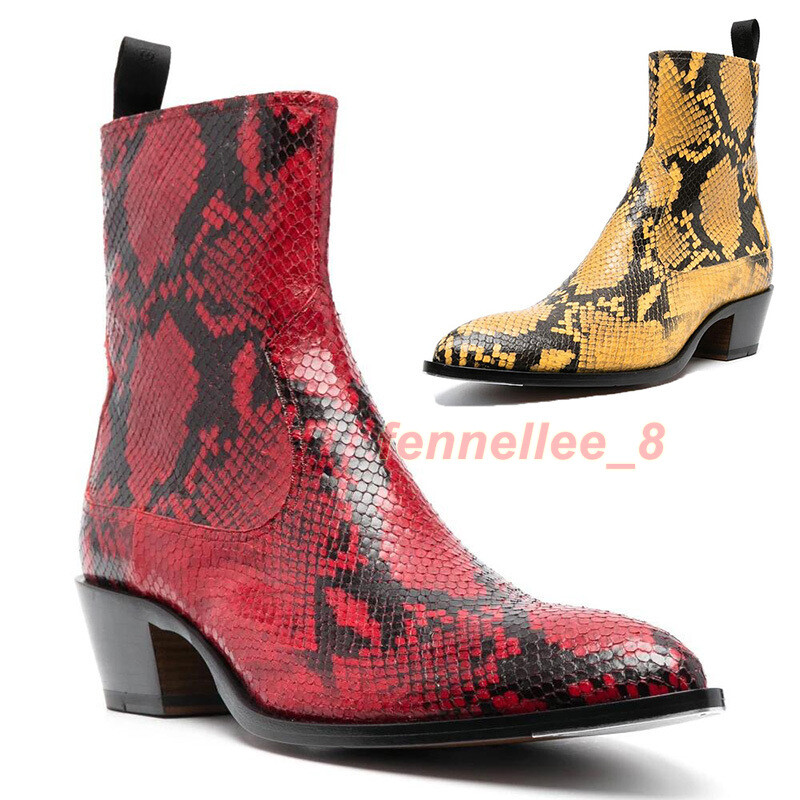 Men Snakeskin Print Real Leather Chelsea Boots Pointed Toe Cuba Heels Ankle Boot