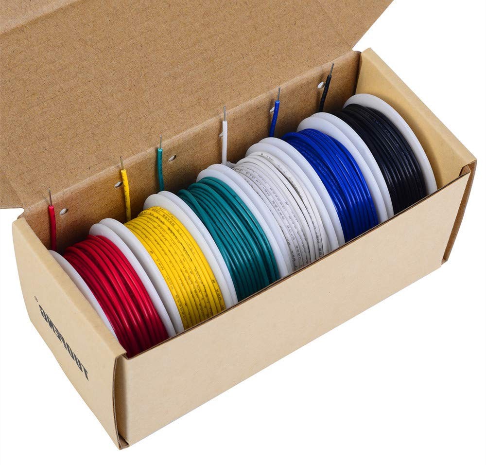 18 AWG PVC Solid Wire 6 Colors 20ft Each, Red, black, yellow, white, green, blue