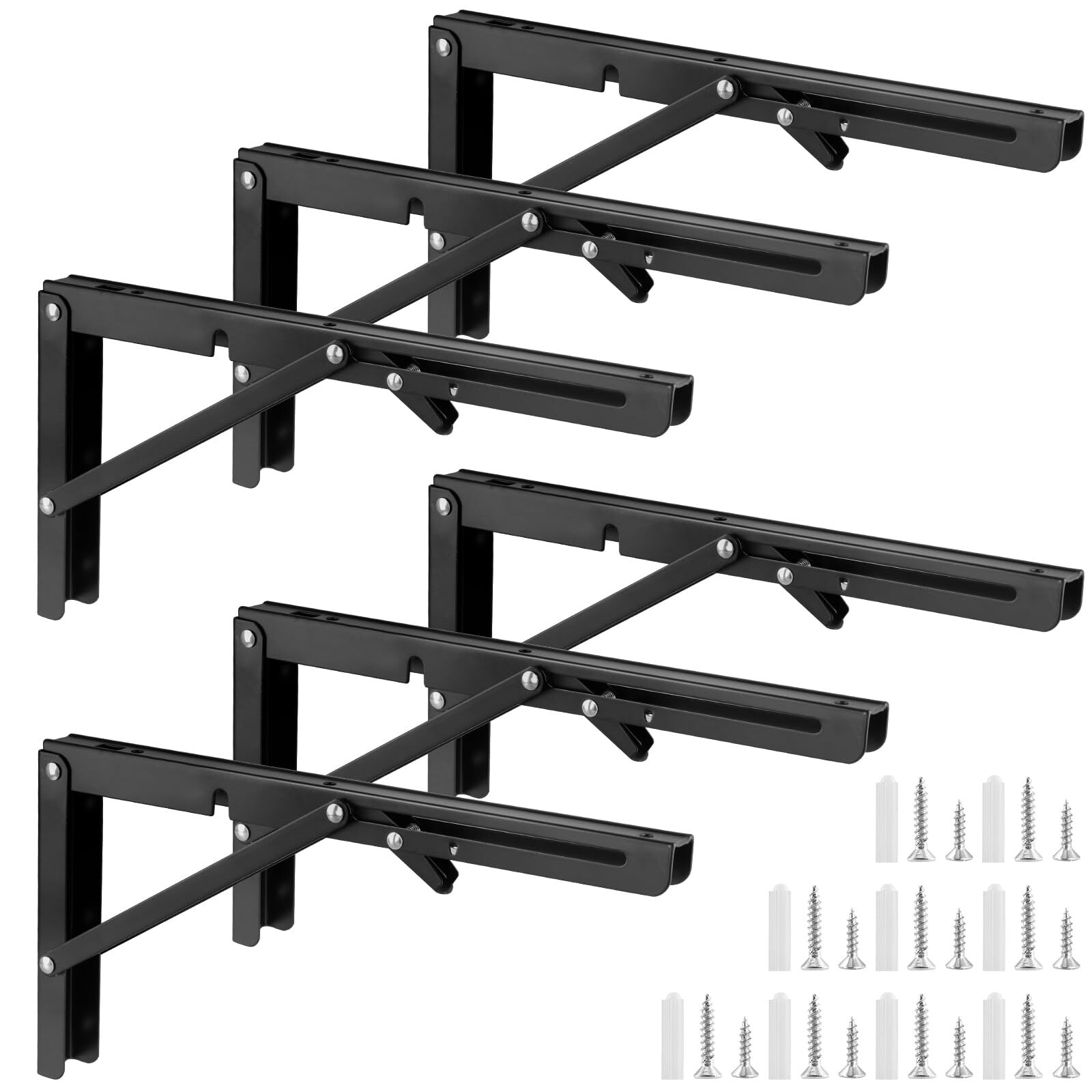 6 PCS 12 Inch Folding Shelf Brackets Black Heavy Duty Collapsible Shelf Brack...