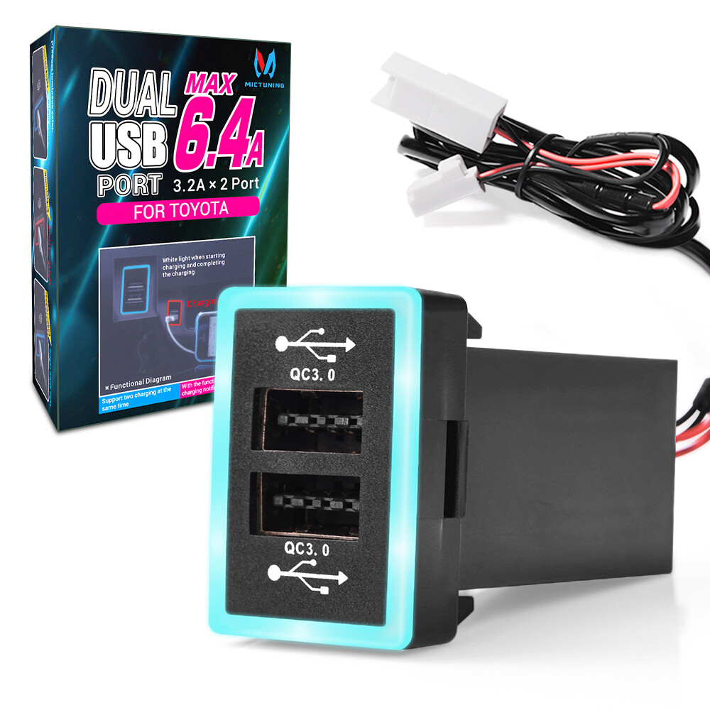 6.4A QC3.0 USB Fast Car Charger 2 USB Socket LED for Toyota Tundra Sequoia RAV4