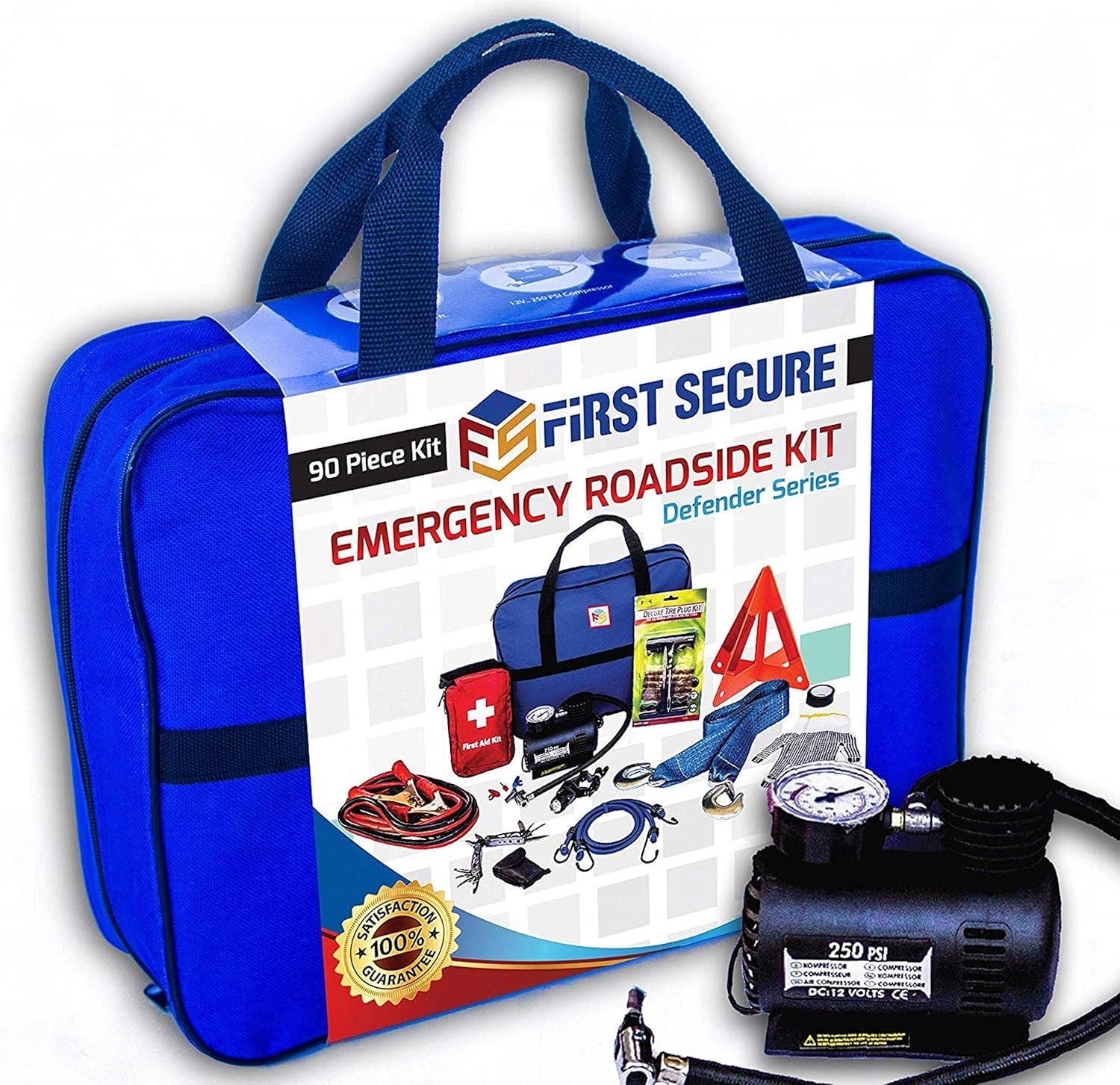 Car Emergency Kit with Air Compressor, First Aid, Tow Strap and More