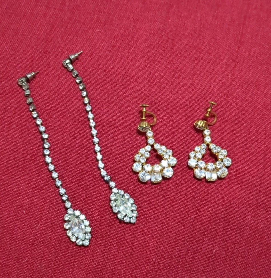 2 Pairs Vintage Earrings Statement  Rhinestones Glamorous Cocktail Evening