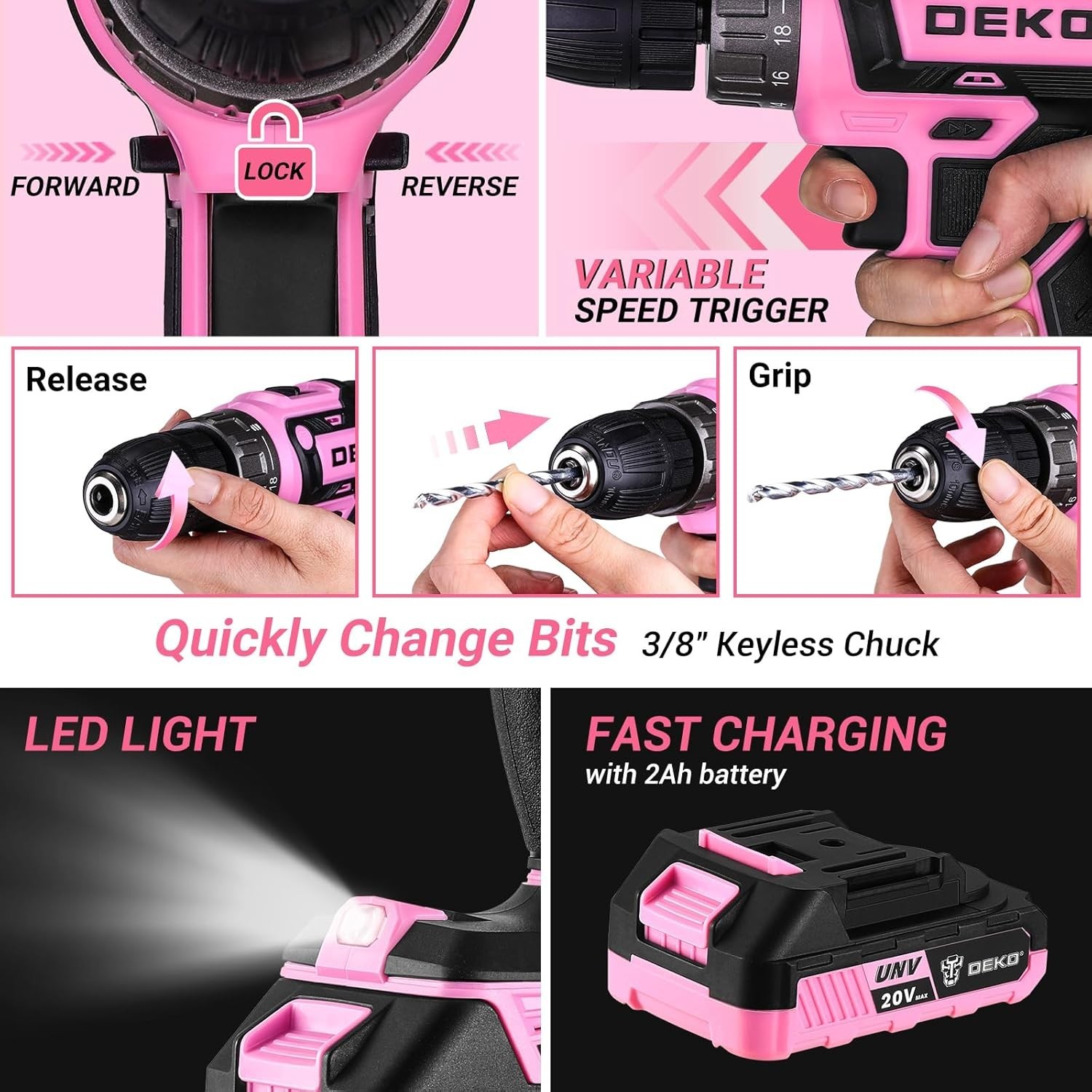Pink Power Drill Tool Kit Set: 20V Cordless Electric Drill, Driver, Tool Box ...