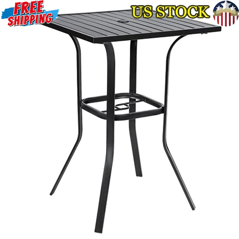 Outdoor High Bar Table W/ Umbrella Hole Weather-resistant Metal Slat Top New