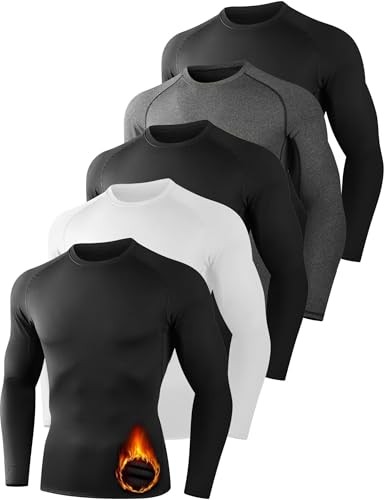 5 Pack Thermal Compression Shirts for Men Long Large 3 Black 1 White 1 Gray