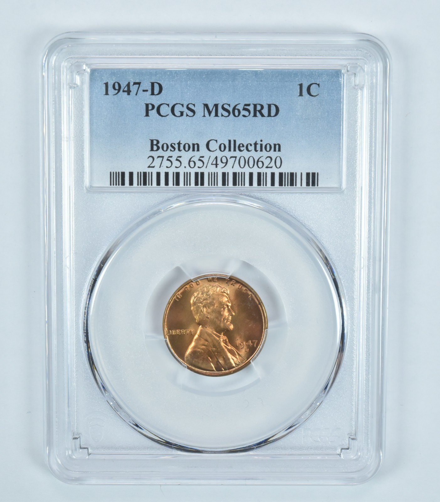 1947-D Lincoln Wheat Cent Boston Collection MS65 RD PCGS Blue Label