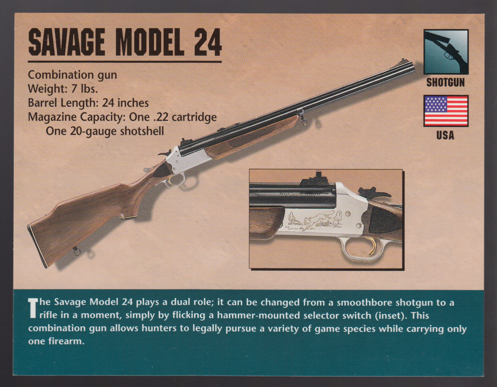 SAVAGE MODEL 24 COMBINATION GUN .22 Rifle/20 Gauge Classic Firearms PHOTO CARD